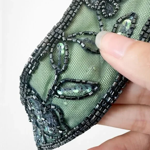 Vintage Y2K 90s Green Floral Halter Beaded Mesh Bodycon Maxi Prom Dress Size S - Picture 13 of 14